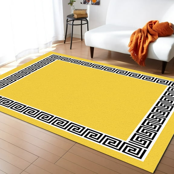 Area Rug 5'x7' Yellow Traditional Greek Key Meander Border Square Geometric Washable Area Rugs Non Shedding Floor Carpet Rubber Backing Non-Slip Indoor Mats for Living Room Bedroom Kitchen