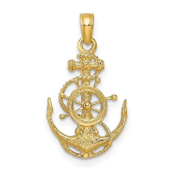 14K Yellow Gold Charm Pendant Men'S 24 mm 8 Small Anchor With Wheel