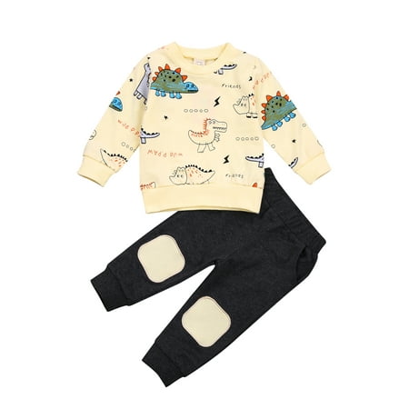 

Caitzr Baby Long Sleeve + Trousers Dinosaur Print Elastic Waist Ribbed Closing Classic Round Neck Set