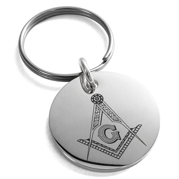 Tioneer Stainless Steel Freemasons Masonic Floral Compass Engraved Small Medallion Circle Charm Keychain Keyring