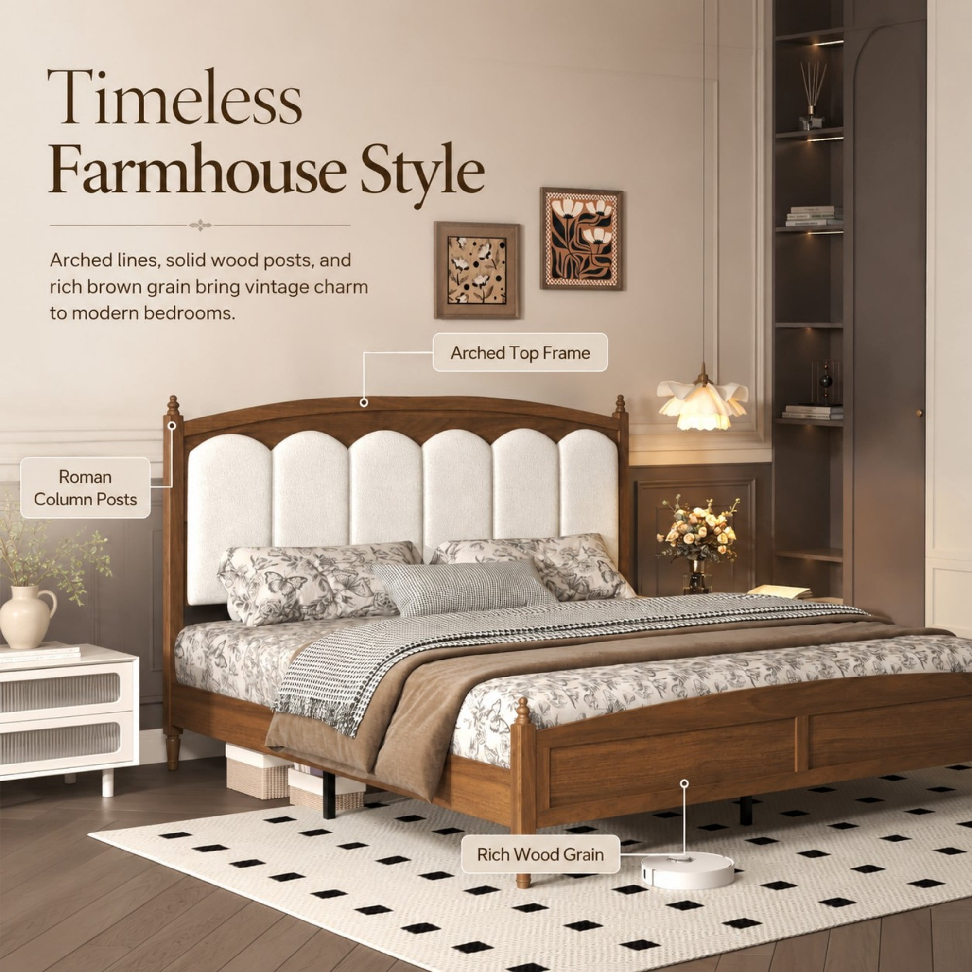 DEALTOPS Queen Size Platform Bed Frame with Boucle Upholstered Headboard, Wood Farmhouse Bed, No Box Spring, Brown