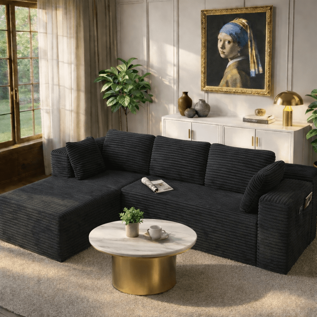 105" No-Assembly Modular L-Shaped Sectional Sofa, Comfy Corduroy Deep Seat Cloud Couch with Chaise, Modern Boneless Sofa for Living Room, Bleige