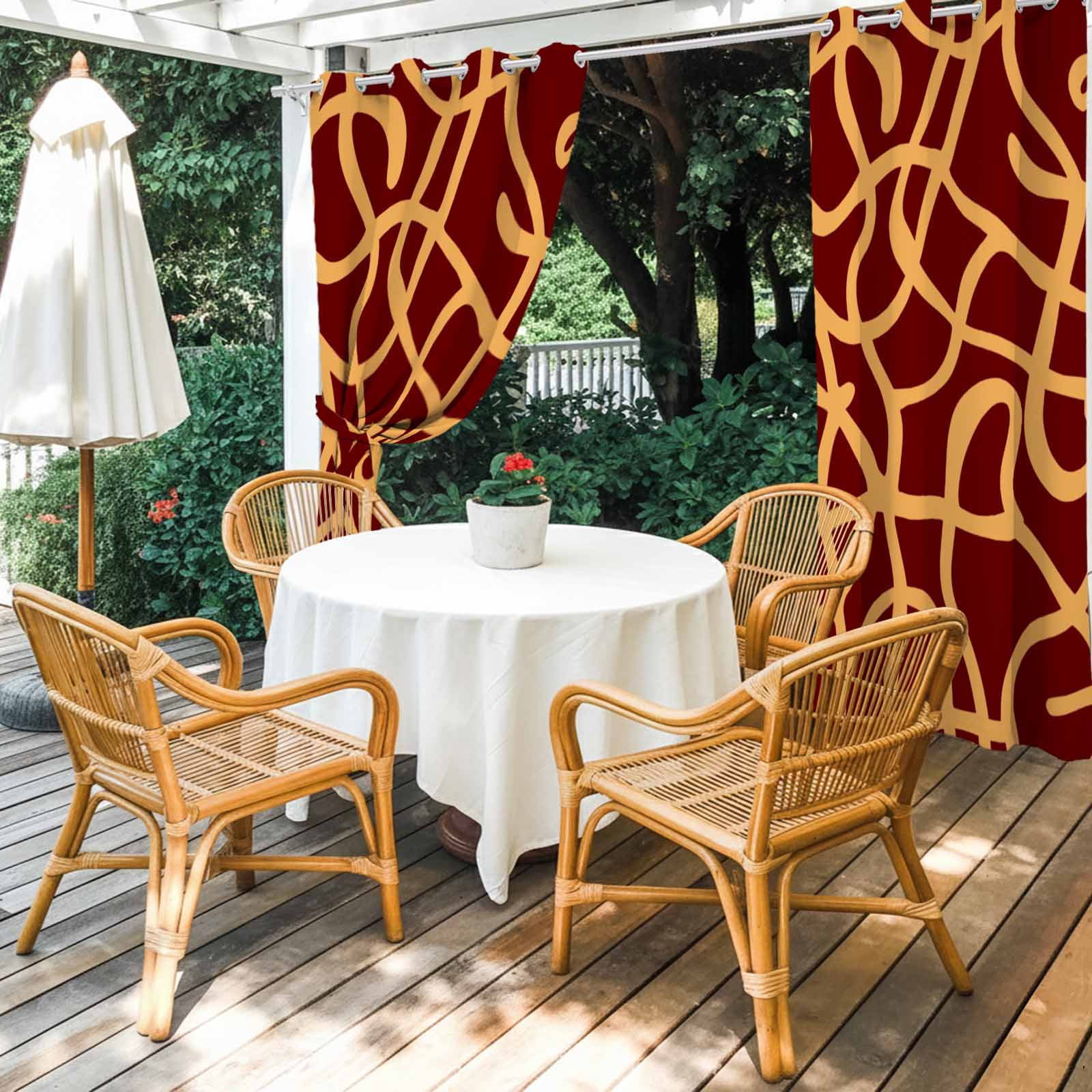 Abstract Line Outdoor Curtains for Patio, Retro Pattern Orange Wave Line Art Red Minimalist Sunshade Privacy Drapes Grommet Waterproof Outside Curtains for Porch/Cabana/Balcony 54"x 108", 1 Panel