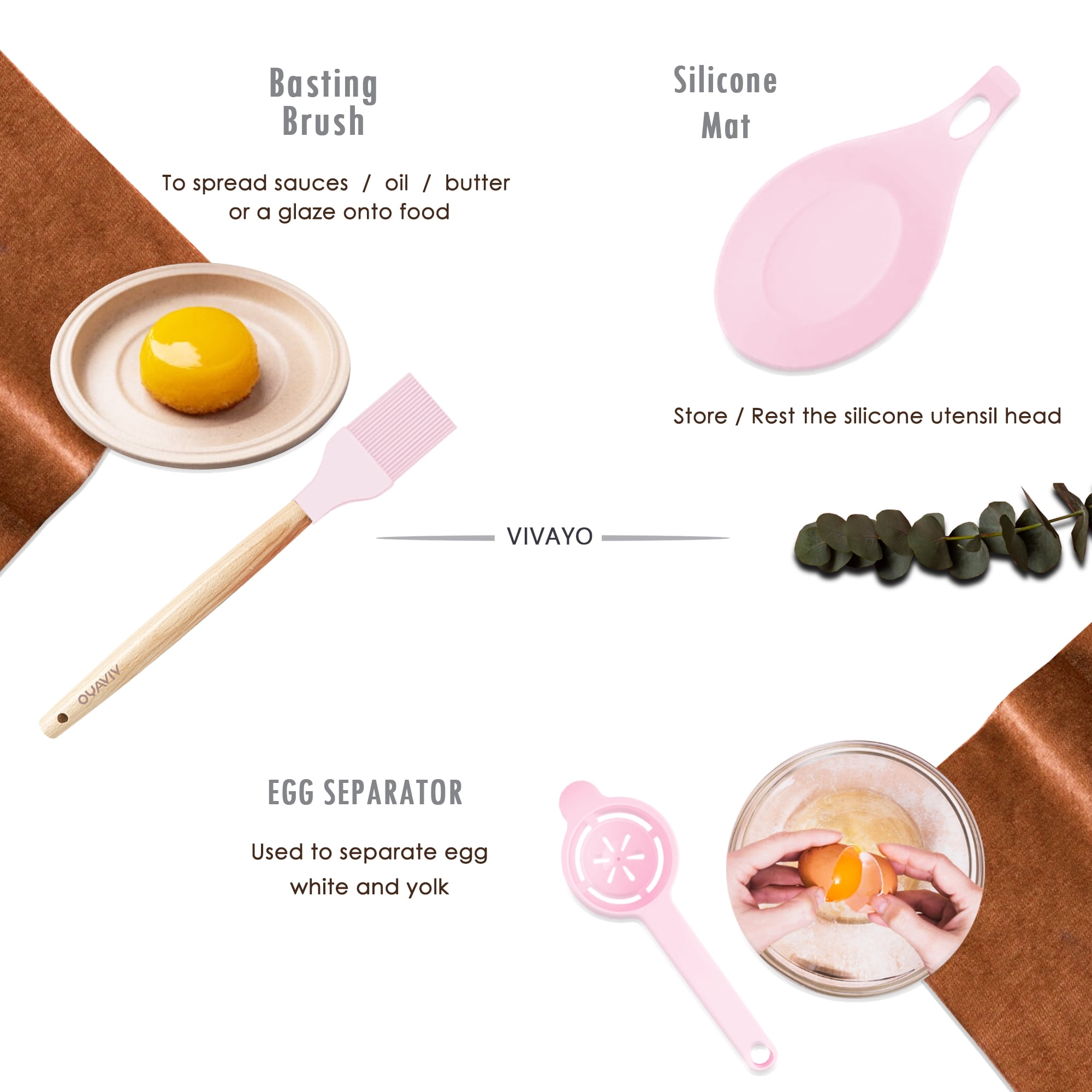 VIVAYO Kitchen Utensils Set, 32 Pcs Non-Stick Silicone Cooking Utensil Spatula Set with Holder, Wooden Handle Heat Resistance Silicon Kitchen Set with Ladle Whisk, Tongs, Measuring Cups, Spoons, Pink
