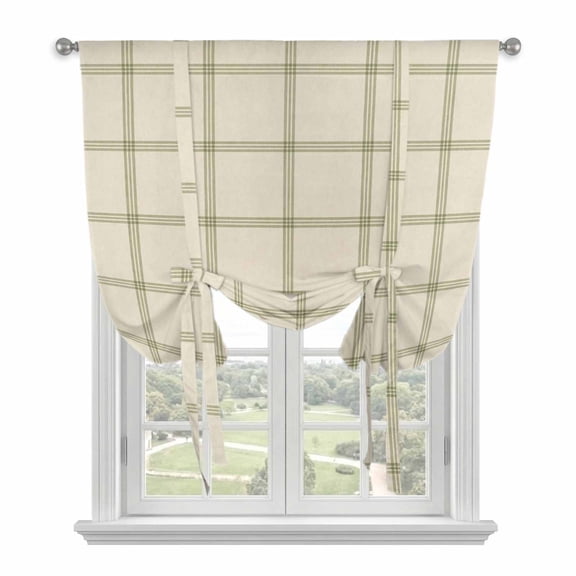 Beige Plaid Tie Up Curtains 45 Inches Long, Kitchen Window Curtains Over Sink, Vintage Grid Stripe Minimalist Art Linen Small Window Curtains Shade Balloon Curtains Valances for Bedroom/Cafe 34"x45"