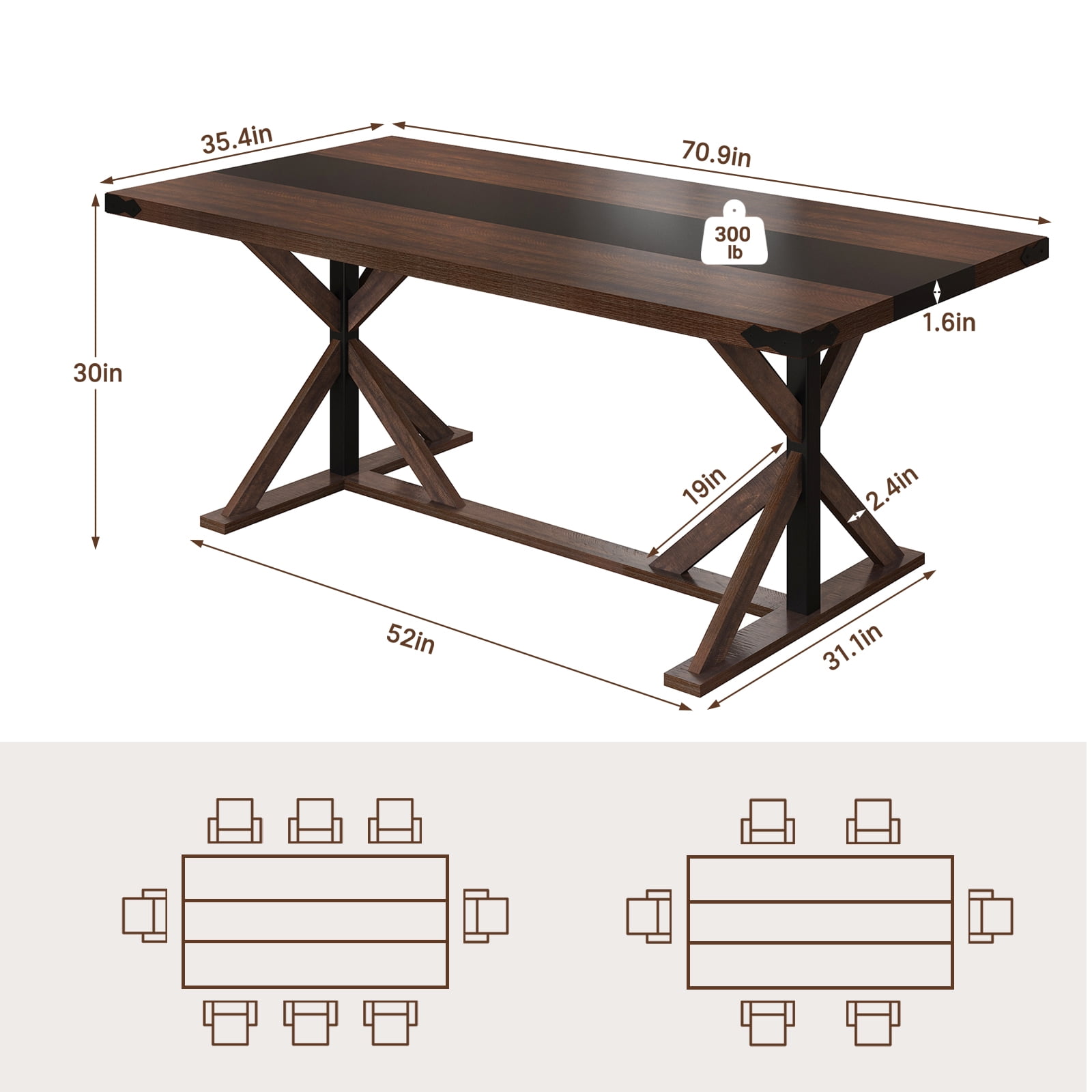 Blotout 71" Modern Farmhouse Dining Table for 6-8 Person, Rectangular Wood Dining Table with Adjustable Feet, Kitchen Table for Dining Room, Gathering, Kitchen (Brown)
