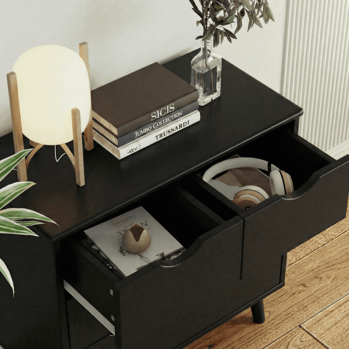 RichYa 4 Drawer Dresser for Bedroom Wood Storage Dresser Black Sofa Table Nightstand Chest of Drawer