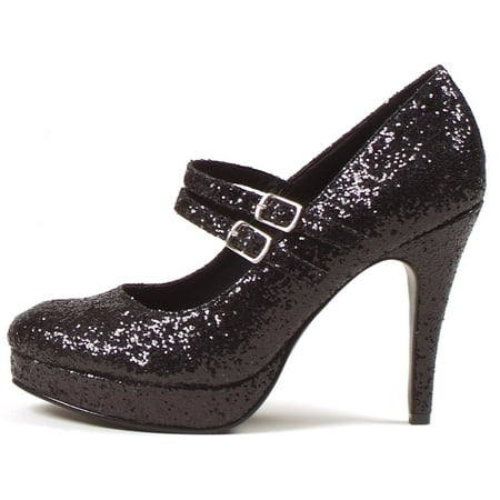

421-JANE-G 4 inch Double Strap Glitter Mary Jane Shoes