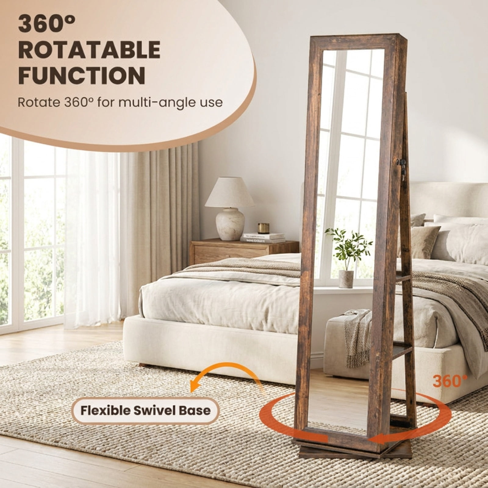Furnibear 360° Swivel Jewelry Armoire Standing Jewelry Organizer with Full Length Mirror and Back Shelves for Bedroom Dressing Room, Rustic Brown