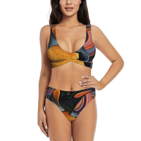 Zeuib Abstract Pattern Penguin High Waisted Tummy Control Bikini Set - Knot Front Push Up Top & Cheeky Thong Bottom  Two-Piece Swimsuit for Women-Large