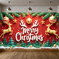 thumbnail image 5 of Red Background Merry Christmas Banner Golden Reindeer Xmas Display Green Pine Tree Gold Star Ornament Holiday Backdrop for Christmas Party Indoor Event Festive Photo Shoot, 5 of 9