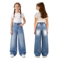 thumbnail image 2 of FEDPOP Girls Wide Leg Baggy Jeans, High Waisted Denim Pants with Pockets, Casual Y2K Loose Trousers for Kids, Blue, 8-14Y, 2 of 7