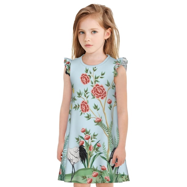 Balery Chinoiserie Floral Palm Tree Camisón de princesa para niñas, pijama de algodón con mangas abullonadas, suave y bonito.-X-Large