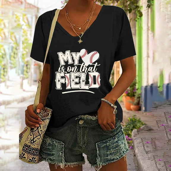 Black Womens Tops Women's Baseball Festival Solid Color Baseball Printed V Neck Short Sleeved Top Shirts for Women