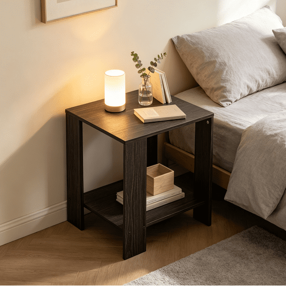 IDEK 2-Tier Square End Table, Compact Espresso Side Table with Open Storage Shelf for Living Room, Bedroom