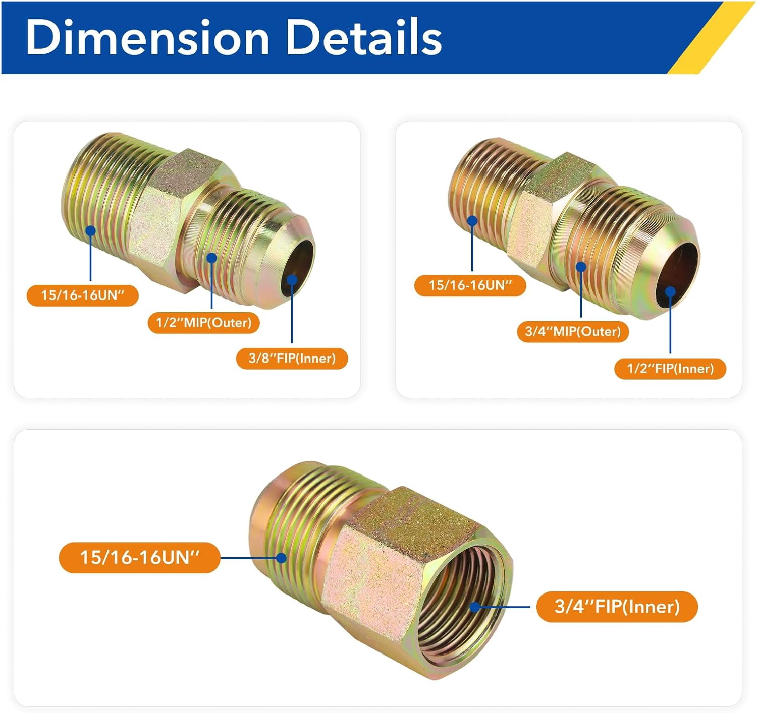 72" Flexible Yellow-Coated Corrugated Stainless Steel Gas Connector Kit for Dryer and Stove Range, 5/8" OD x 1/2" ID, Comes with 6 Pieces Connectors Including 3/4" MIP & 1/2" Fitting