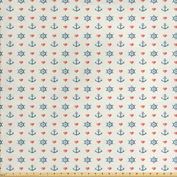 Anchor Sofa Upholstery Fabric by the Yard, Maritime Pattern with Sea and Little Red Hearts Romance Love Ocean, Decorative Fabric for DIY and Home Accents, Blue Red White by Ambesonne