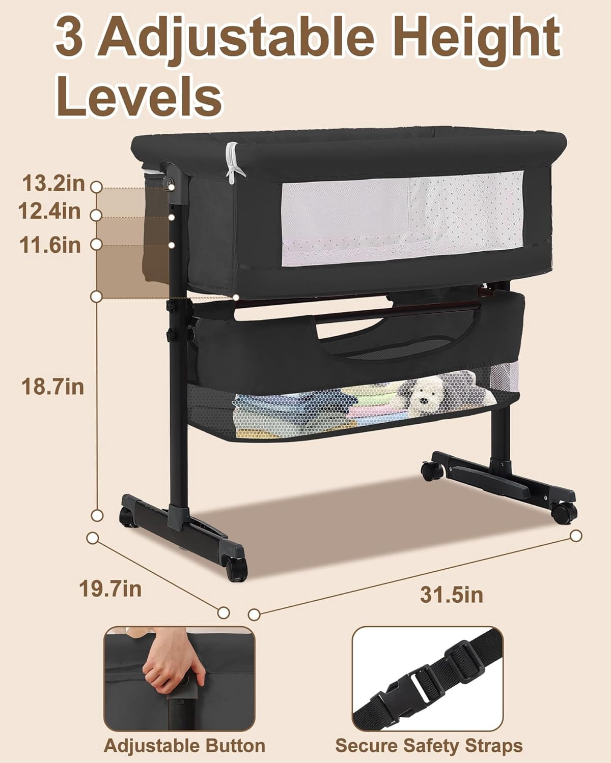 Baby Bassinet Bedside Sleeper - 3 in 1 Adjustable Height Bedside Bassinet with Breathable Mesh, Wheels & Storage Basket and Bag, Portable Folding Baby Cradle for Infants & Newborns, Black