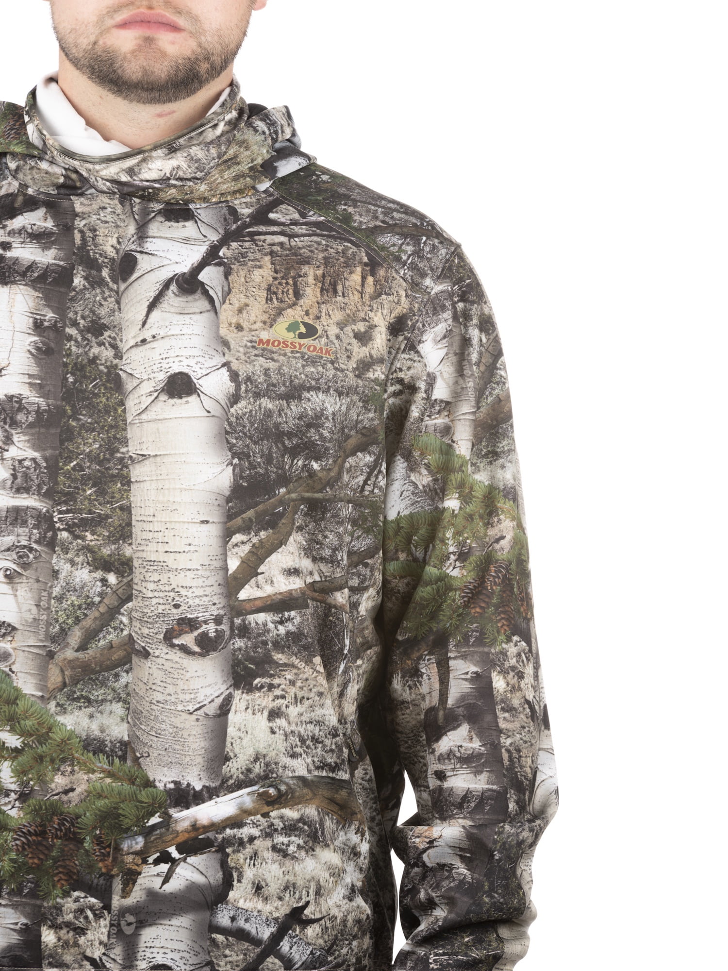 Mossy Oak Men's Mountain Country Camo Pullover Tech Hoodie with Neck Gaiter, Up to 2XL