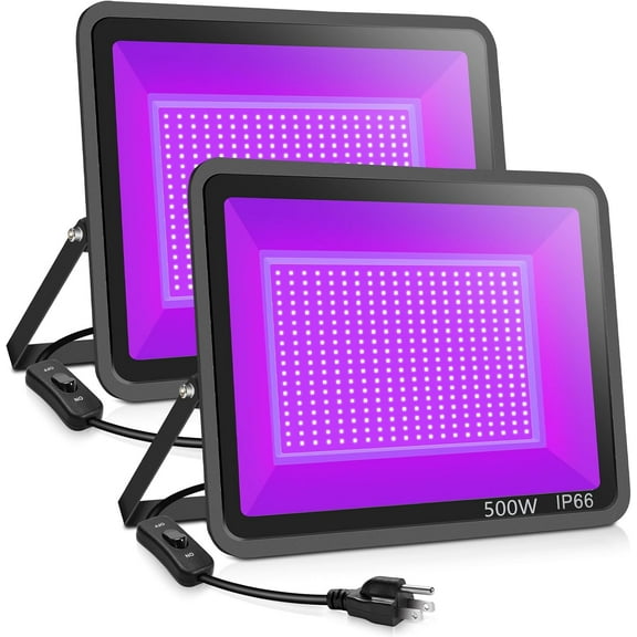 2 Pack 500W LED Black Lights, Outdoor Flood Blacklight Light with Plug, IP66 Waterproof 395nm to 410nm for Glow in The Dark, Dance Party, Stage Lighting, Body Paint, Fluorescent Poster, Neon Glow