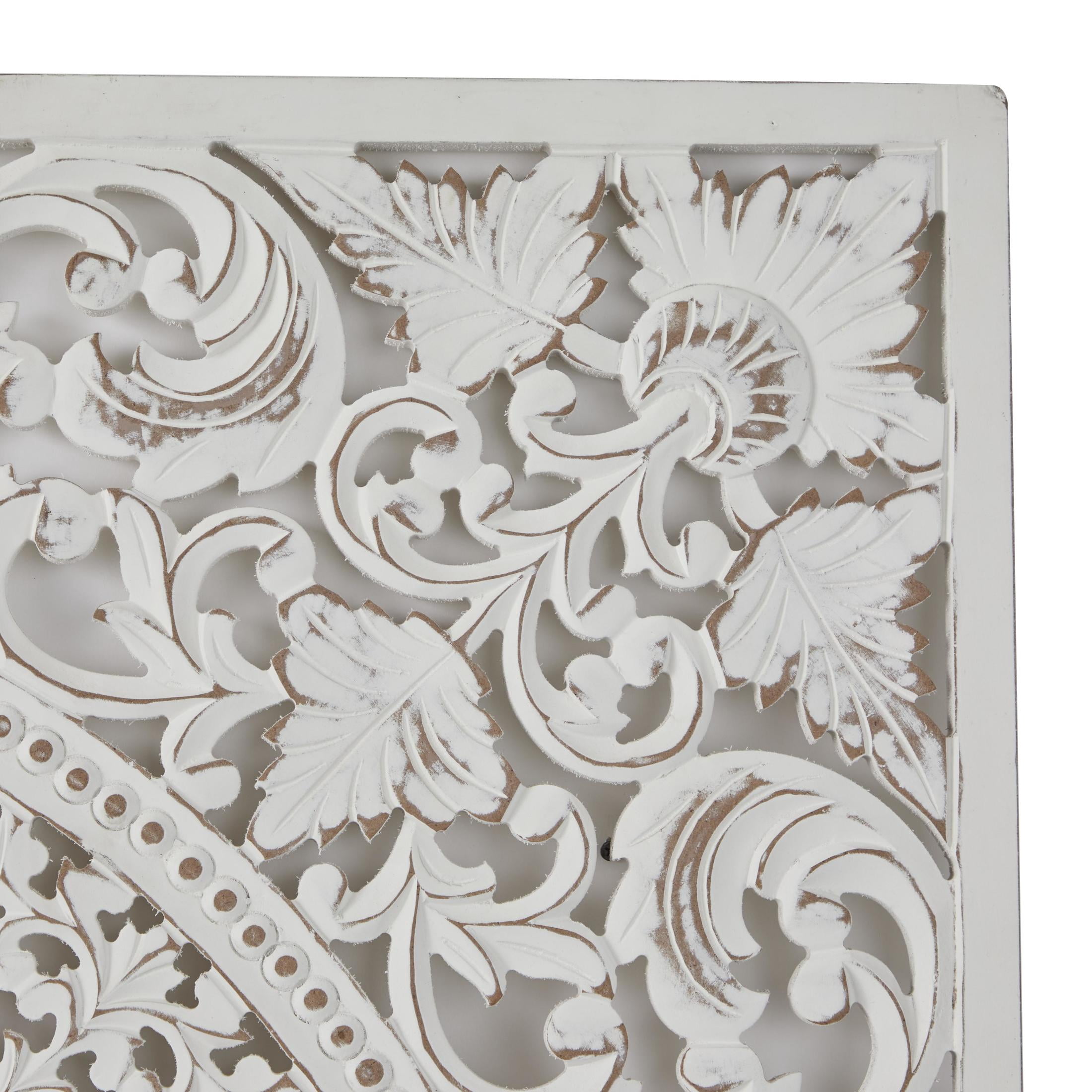 DecMode White Wooden Handmade Intricately Carved Floral Wall Decor with Mandala Design (3 Count)