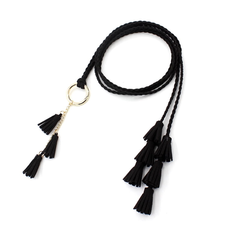 Black Fringe Braided Fashion Belt - Women Accessories Giantree Tassel Braided Waist Belt for Women, Skinny Tassel  main image 4