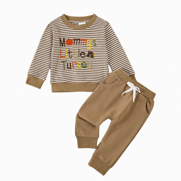 mgoYE Thanksgiving Baby Boy Outfit 6 12 18 24 Month 3Y Toddler Mama's Little Turkey Shirt Long Sleeve Sweatshirt Pants Fall Winter Set Size 6-12 months