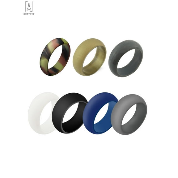 Gustave Pack of 7 Silicone Wedding Ring for Men, Antibacterial Rubber Band Rings Fit for Sports& Outdoors "Size 8"