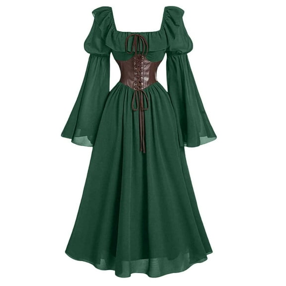 FYEGRE Gown Featuring Dramatic Flared Sleeves And Square Neck Design For Historical Events And Themed Parties Green M