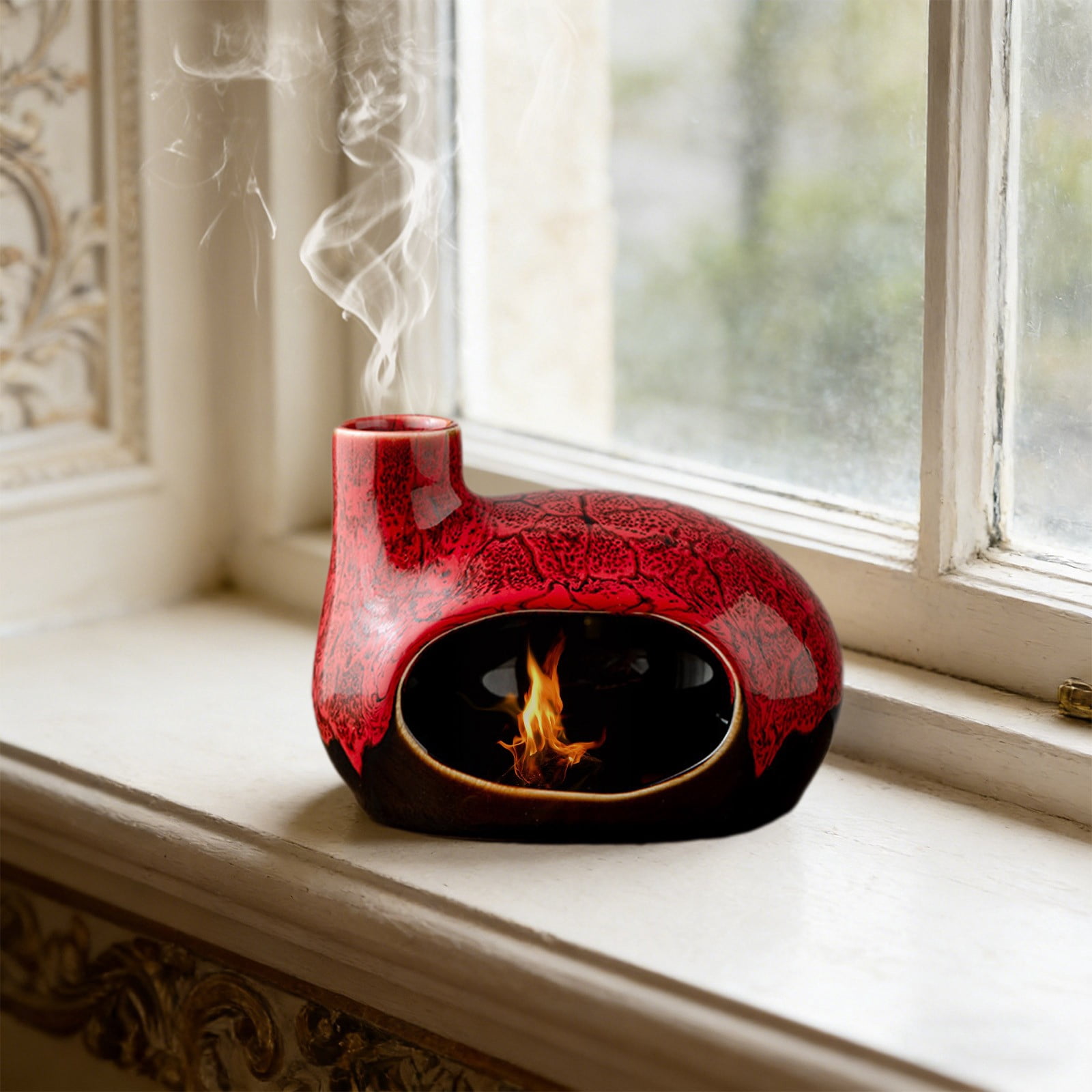 Handcrafted Ceramic House-Shaped Incense Burner with Chimney, Red Glaze Palo Santo and Sage Holder for Home Decor and Gifting
