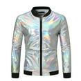 thumbnail image 2 of DDAPJ pyju Men's Metallic Jacket 70s Disco Party Varsity Jacket Zip-up Baseball Bomber Outerwear Christmas Gifts Silver M, 2 of 4