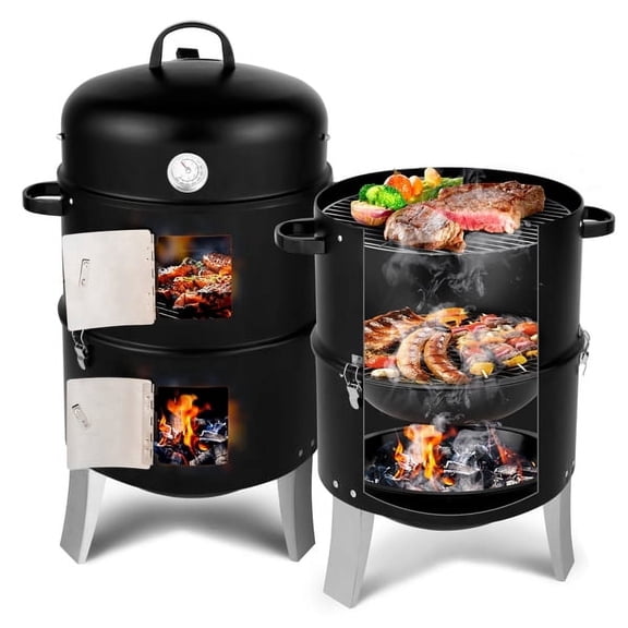 COTINSE Vertical Charcoal Smoker and Grill, 3-in-1 Double Layer Large Capacity Portable Round Meat Smoker for Outdoor Cooking,Backyard & Camping, Black
