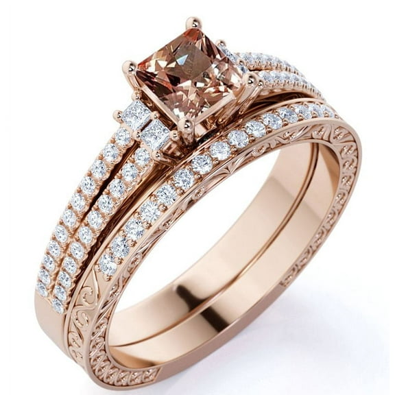 JeenMata 2 Carat Princess Cut created morganite Wedding Set - Bridal Set - Wedding Trio Set - Cluster Ring - 18k Rose Gold Over Silver
