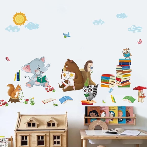 decalmile Animals Reading Books Wall Stickers Elephant Bear Squirrel Wall Decals Baby Nursery Kids Bedroom Classroom Wall Decor