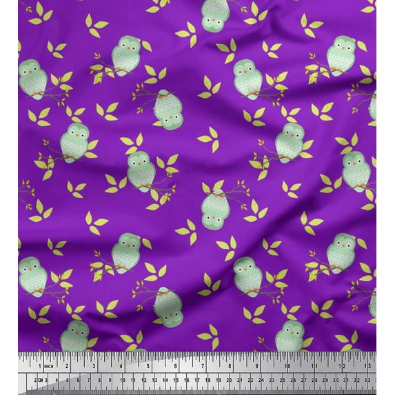Soimoi Rayon Crepe Fabric Leaves & Owl Bird Print Fabric by the Yard 46 Inch Wide