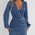 thumbnail image 5 of Oksale Cross V Neck Mini Dresses for Women Trendy Long Sleeve Winter Dress Sexy Cozy Soft Wedding Party Satin Dresses for Holiday Blue L, 5 of 9