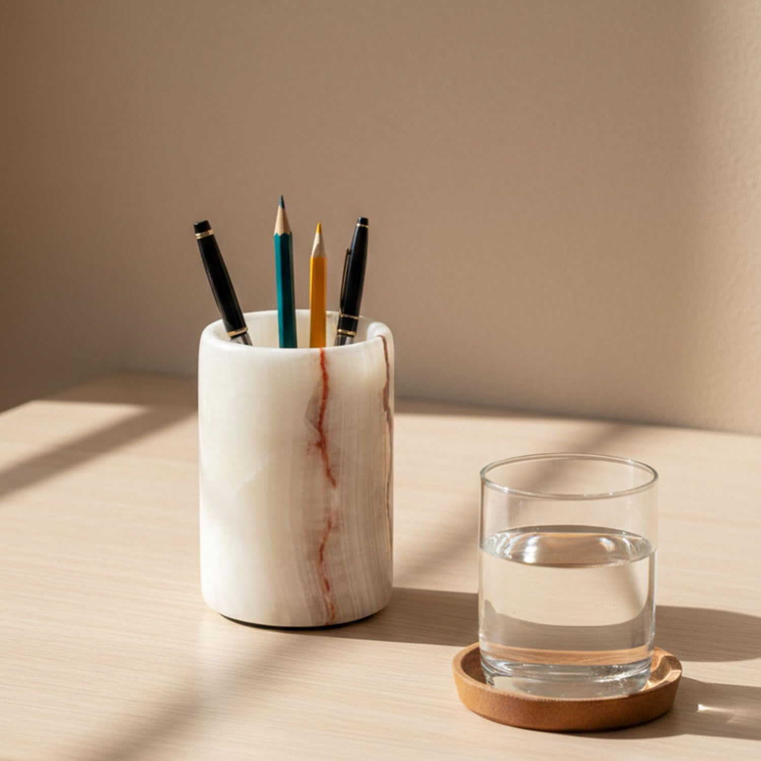 Radicaln White Onyx Marble Stationary Holder 4" – Pen Cup for Desk, Makeup Brush Organizer, Toothbrush Holder, Pencil Storage, Office Supplies & Home Décor