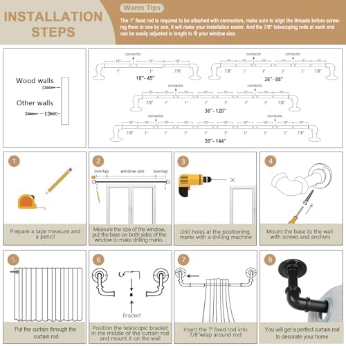 2 Pack Black Industrial Curtain Rods for Windows 48 to 84 Inch(4 to 7 Feet), 1 Inch Diameter Blackout Wrap Around Adjustable Heavy Duty Window Drapery Rods, Indoor and Outdoor