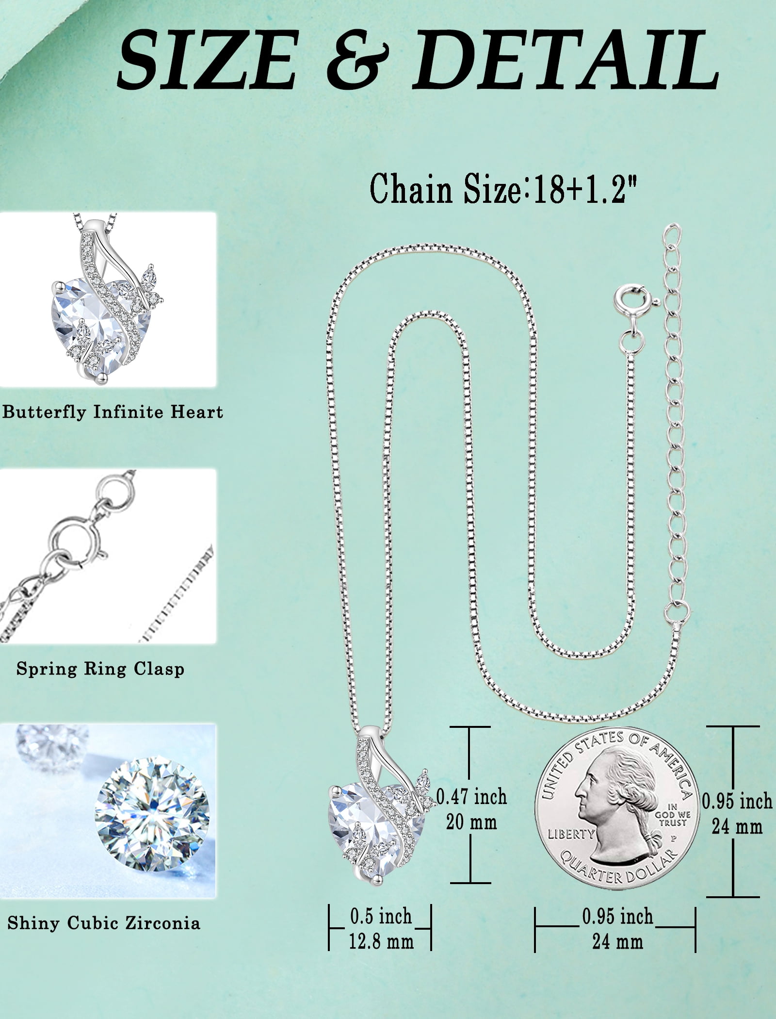 VESITIM Infinite Heart Pendant Sterling Silver Butterfly Necklace for Women Jewelry Gift with Birthstone April Cubic Zirconia