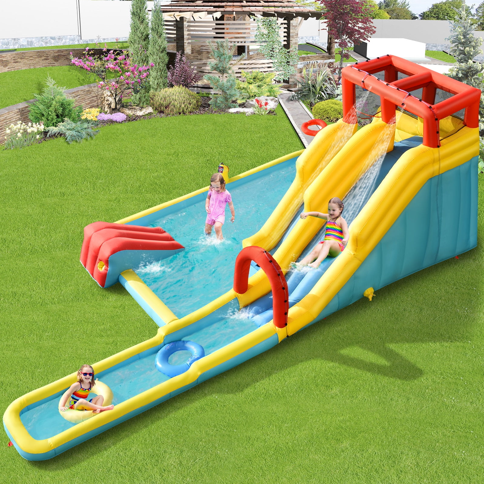 Topbuy Colorful Inflatable Water Slide Castle House with Climbing Wall, 21” x 17” x 17”