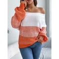 thumbnail image 4 of Women Crochet Knit Casual Color Block Off Shoulder Trendy Sweaters Pullover Lantern Sleeve Warm Tops Orange M, 4 of 8