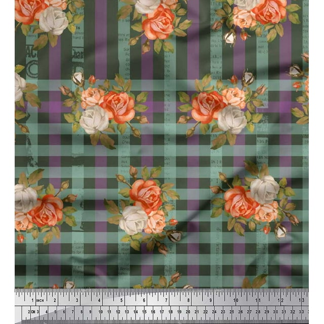 Soimoi Poly Georgette Fabric Check,Leaves & Rose Flower Print Fabric by The Yard 42 Inch Wide