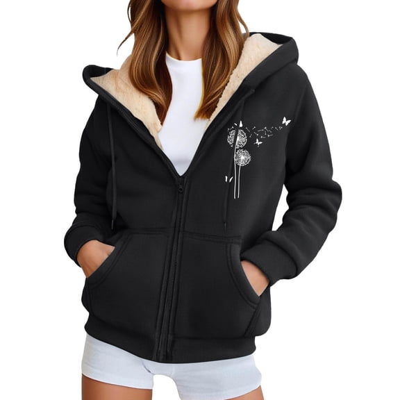 Bibifish Womens Fleece-Lined Full Zip Hoodies With Butterfly Print Hoodies With Side Pockets Relaxed Fit Casual Spring Daily Warm Wear Pullover Tops