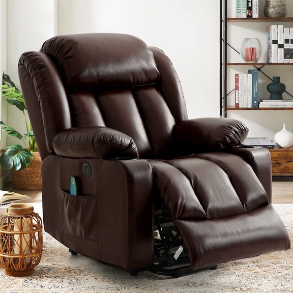 INGALIK Power Lift Recliner, Leather Electric Chair Recliners with Heating and Massage, Cup Holders, Storage, USB Charging (Brown)