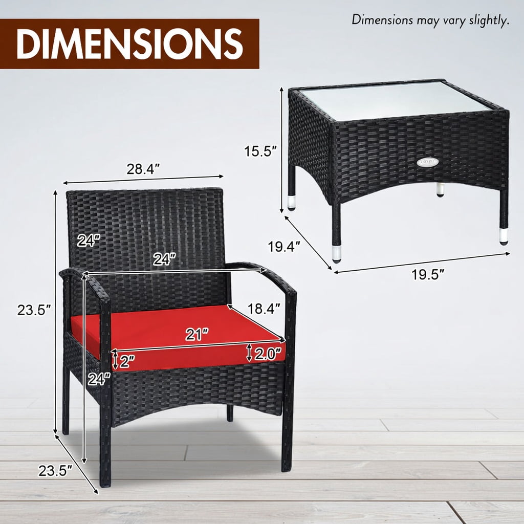 Hommoo 3-Piece Outdoor Wicker Patio Furniture Set with Weather-Resistant Cushions, Rattan Chairs & Table for Backyard, Garden, Patio, Red