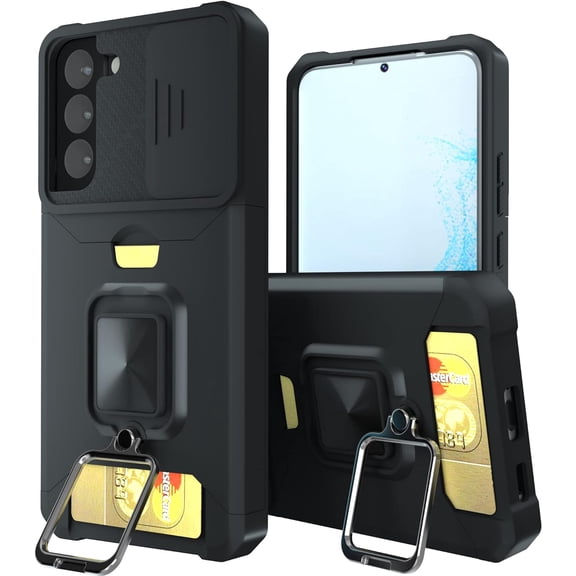 for Galaxy S22 5G Case, with 360° Ring Stand Wallet Card Holder & Slide Camera Protective Phone Cover for Samsung Galaxy S22 6.2 inch (Black)