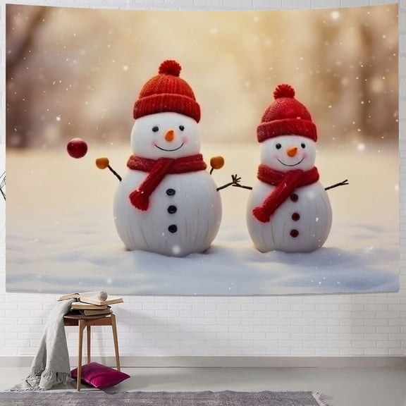 Pratyus Snowmen Red Hat Red Scarf Tapestry Wall Hanging Christmas Decoration Short Plush Fabric 40x30inch
