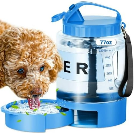 Large Dog Water Bottle Portable Bowl - 77oz Dog Travel Water Dispenser with Pull Out Bowl Ideal for Hiking Camping Parks Leak-Proof BPA-Free Outdoor Pet Bottle for Large Pets Blue