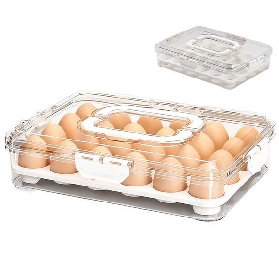 Stackable Egg Holder for Fridge, Clear Plastic Egg Carrier with Lid and Handle, 24 Egg Containers with Lid and Handle, 12.4x9.3x2.8 in Egg Tray