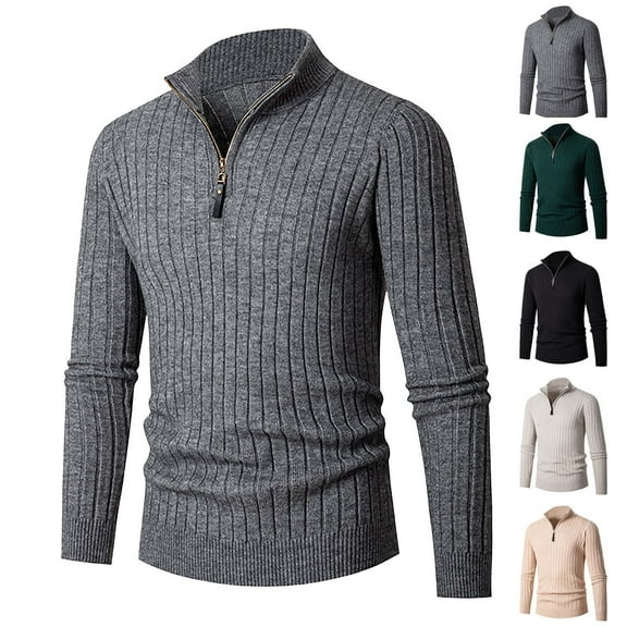 WRKEKC Men's Quarter Zip Pullover Sweater Mock Neck Solid Color Ribbed Knit Comfortable Long Sleeve Soft Warm Winter Casual Regular Fit Everyday Knitted Top